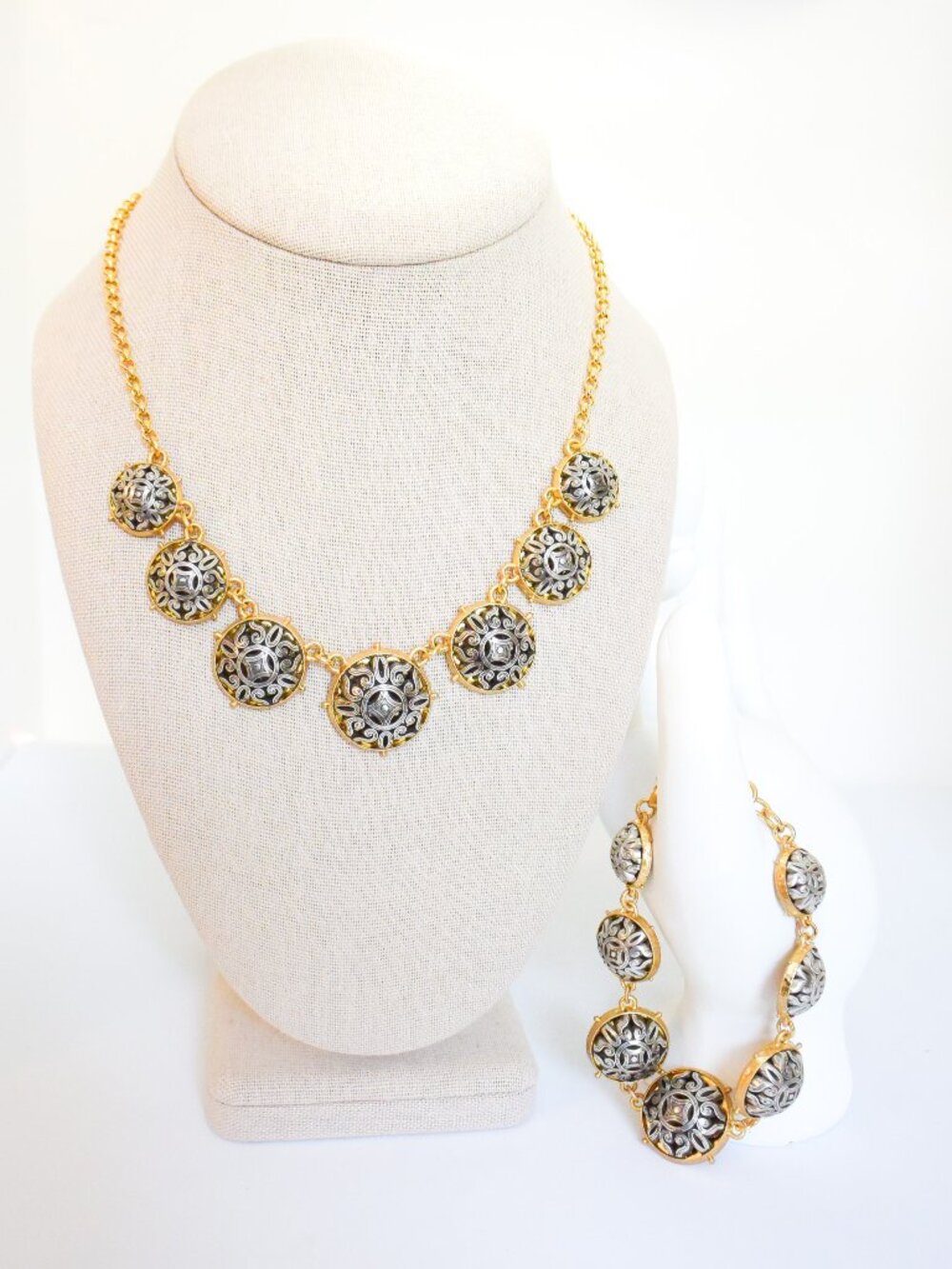 *Brighton* Two-Tone Medallion Jewelry Set - Necklace & Bracelet- Scrollwork Gold